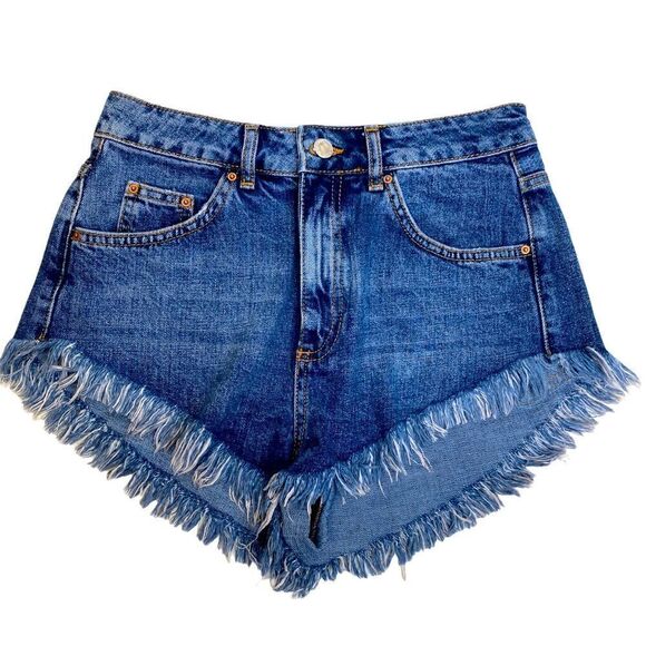 TOPSHOP Kiri Frayed High Waist Jean Shorts Size 6 - Picture 4 of 8